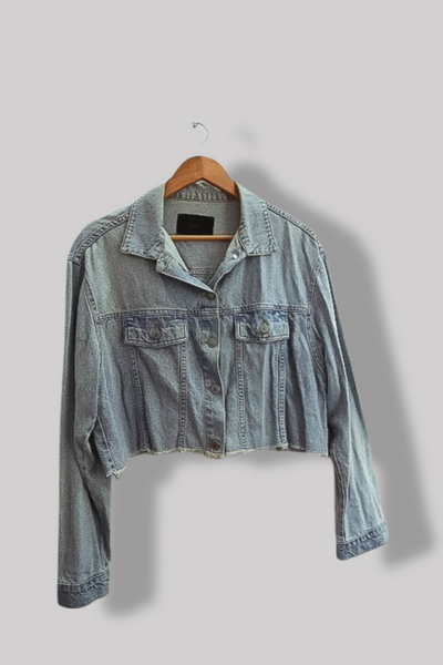 Vintage womens distressed ripped cropped blue denim jacket M/L