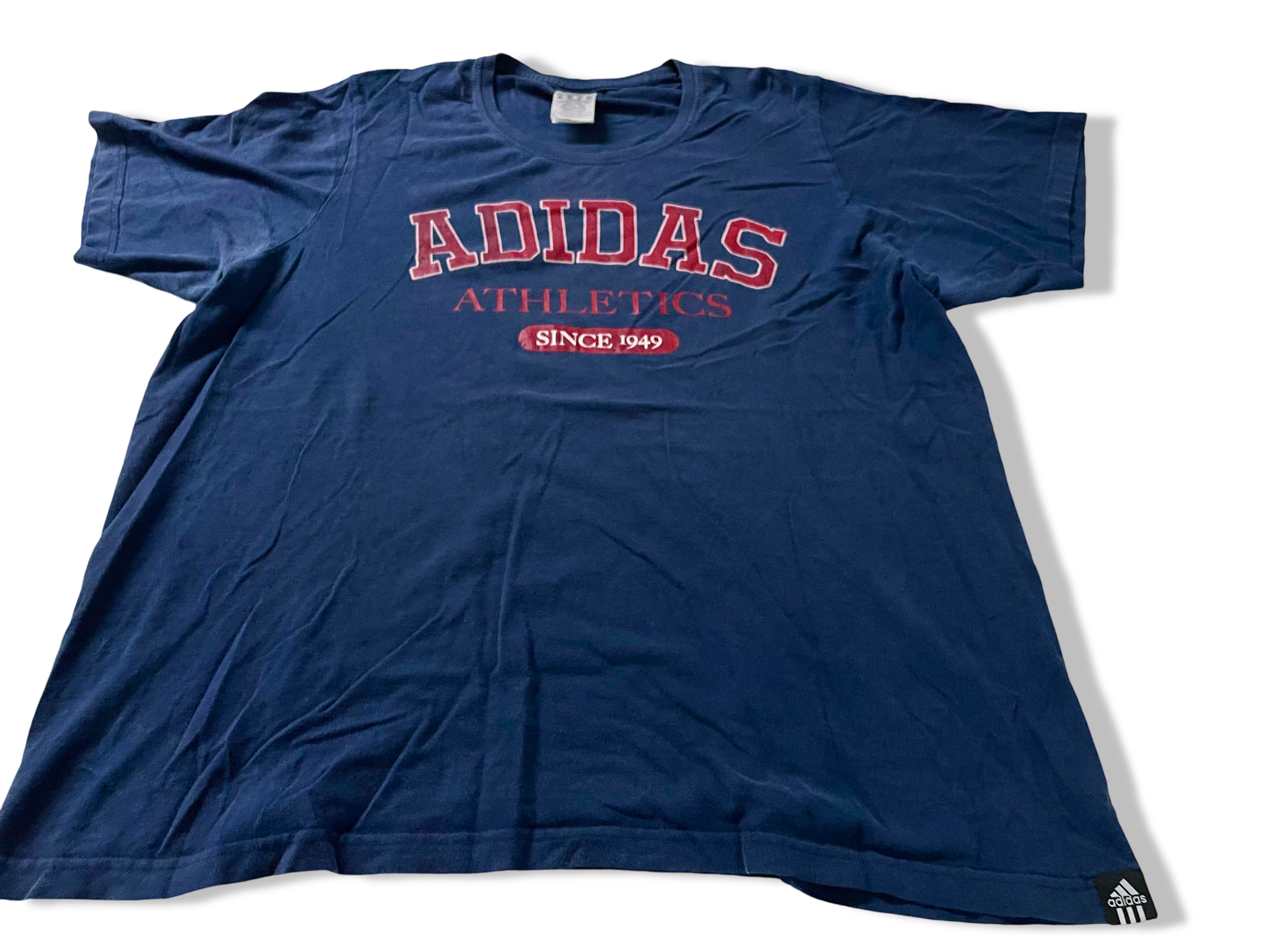 Vintage Men's 90's Adidas Athletics graphics Navy tees in L|SKU