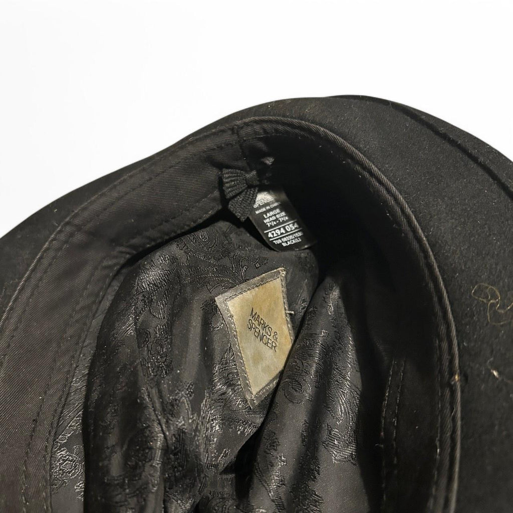 Black wool fedora hat with silk band mark and Spencer sku 6798