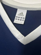 Navy blue Adidas long sleeve shirt with white stripes and embroidered logo sportswear