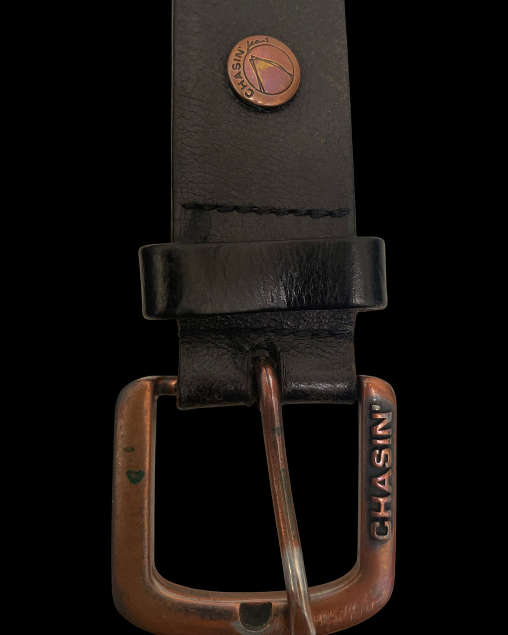 Vintage Chasin black leather mens square buckle belt size S