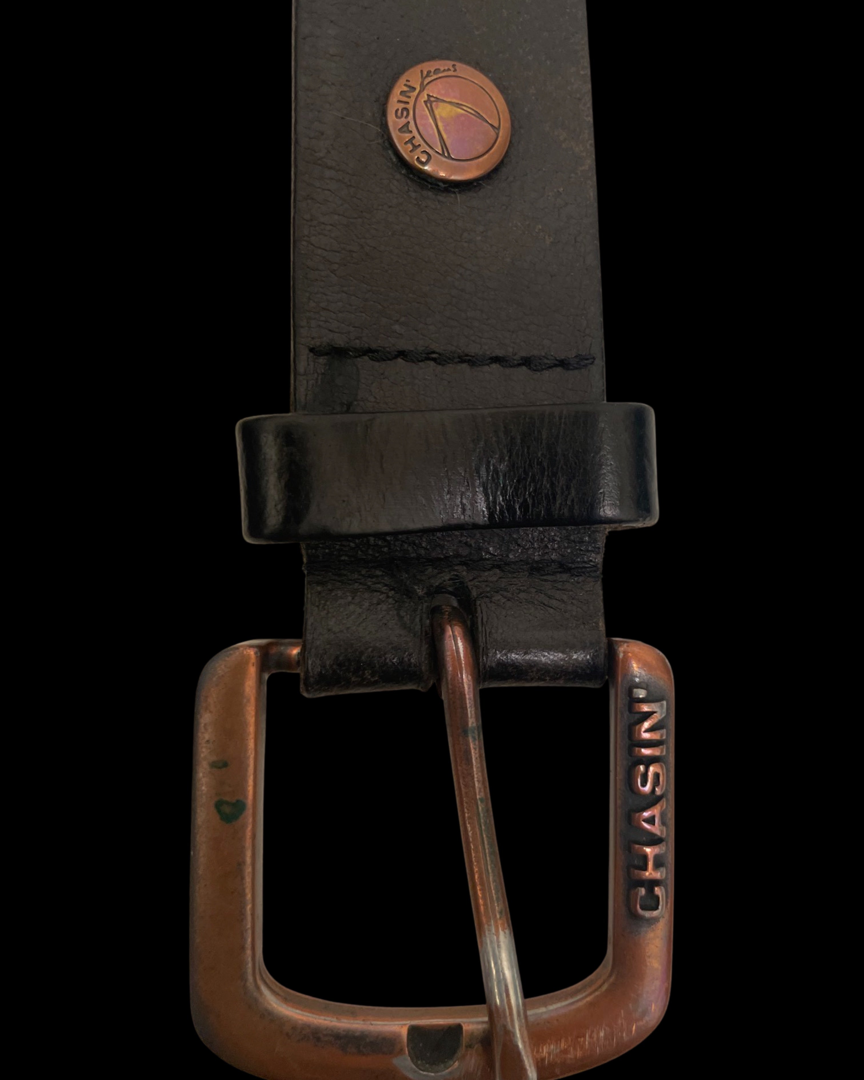 Vintage Chasin black leather mens square buckle belt size S