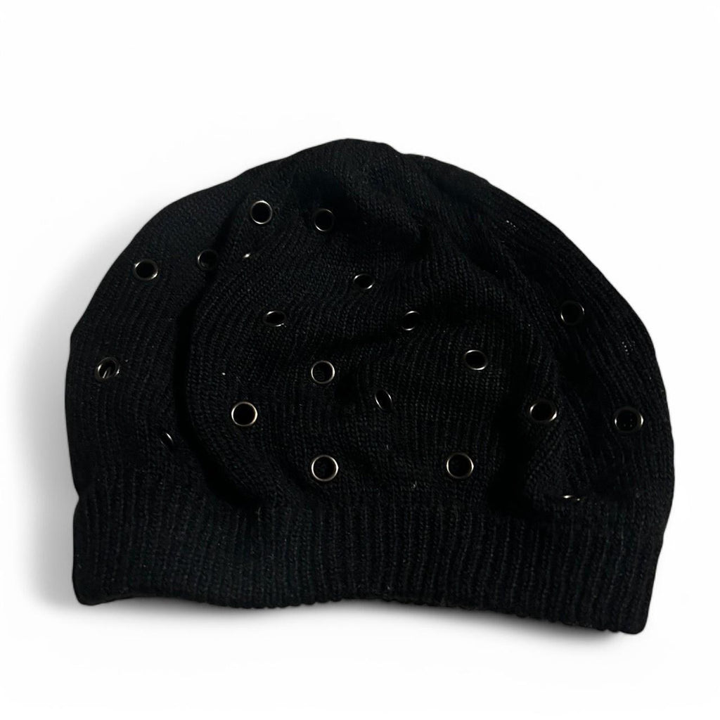 Black beanie with studded holes and silver hardware #goth #grunge Cute Knit Embellished Beanie Hat. SKU 6787