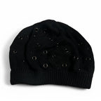 Black beanie with studded holes and silver hardware #goth #grunge Cute Knit Embellished Beanie Hat. SKU 6787