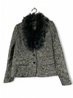 Women’s Paul Costello black and white wool blazer with faux fur collar glamour in size medium SKU 6946 L 27 W 19