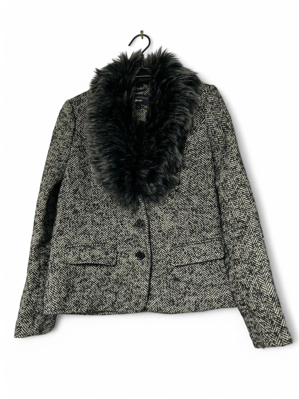 Paul Costelloe Womens Grey tweed button neck faux fur wool Blazer Size M L27W19 SKU 6947