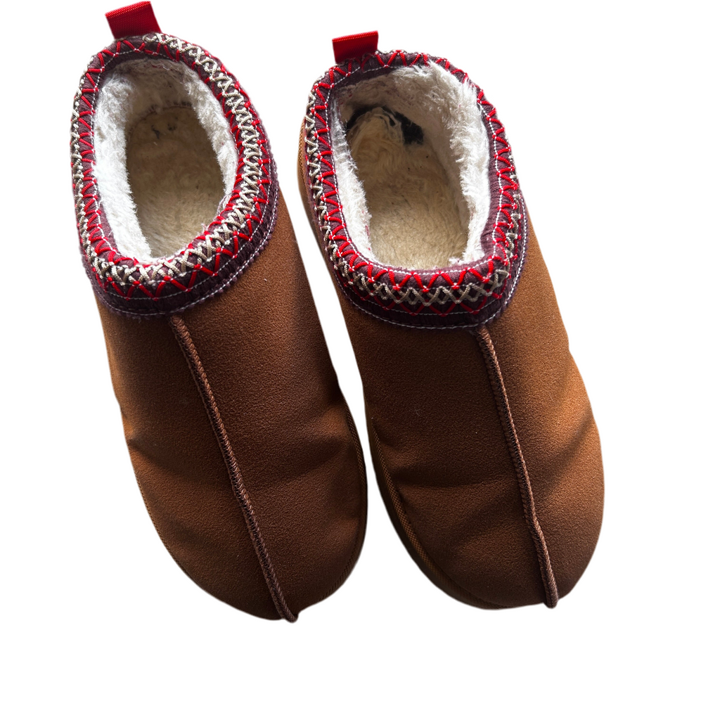 Tazmin Aztec Detail Faux Fur Lining Platform Slipper In Chestnut Faux Suede