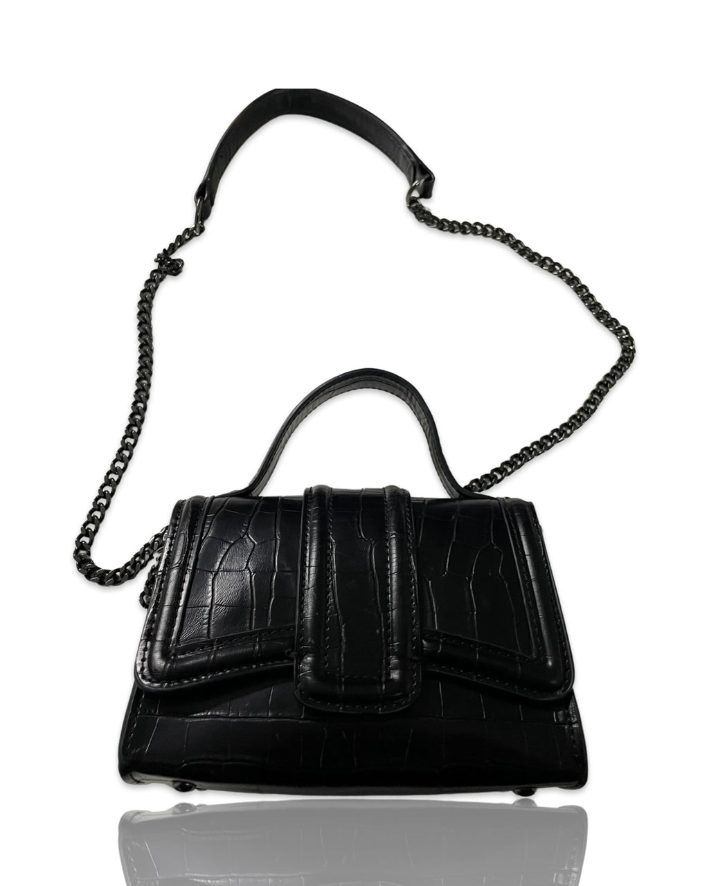 Vintage zara mini ‘city’ crossbody bag in black croc & dark metal shoulder chain