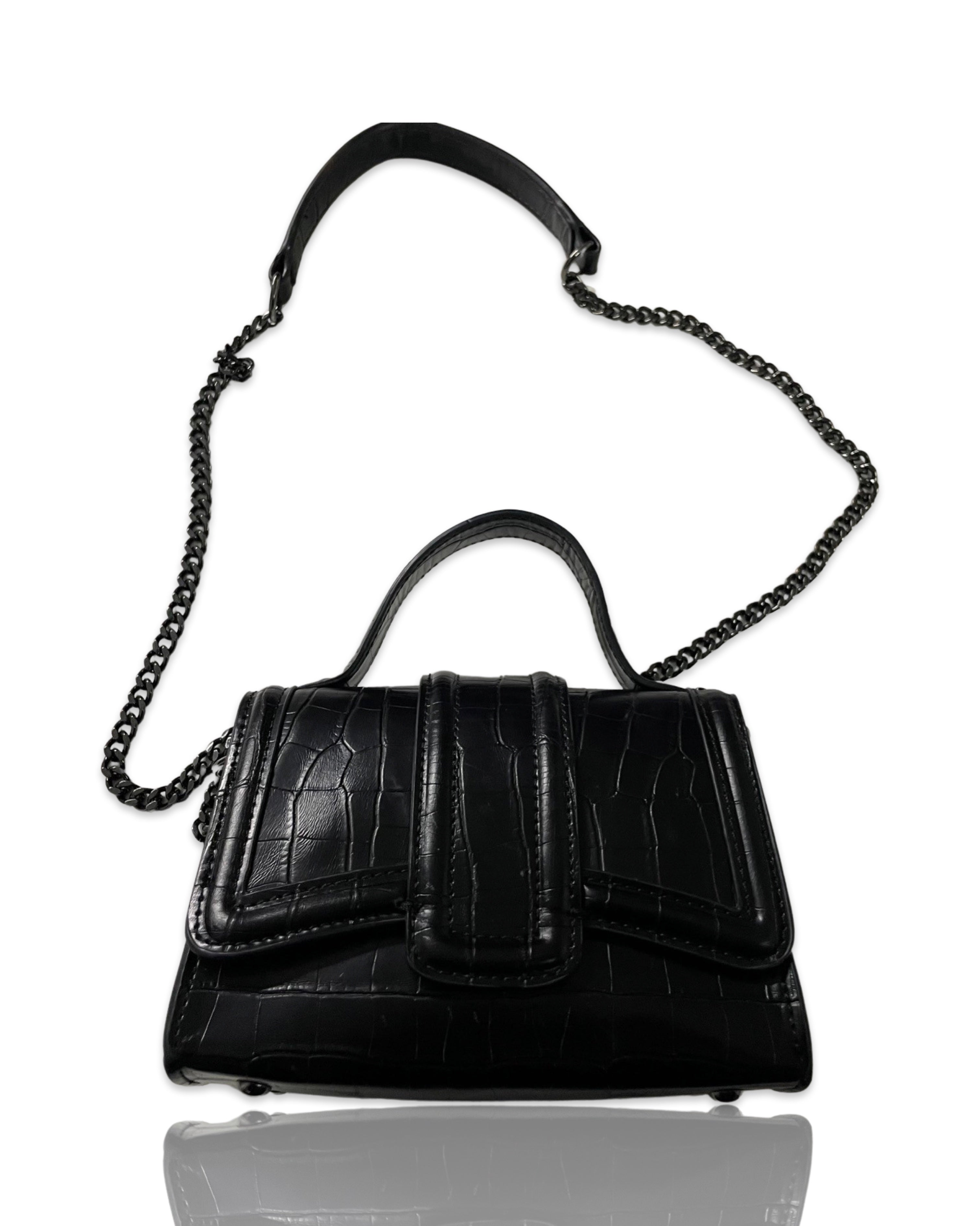 Vintage zara mini ‘city’ crossbody bag in black croc & dark metal shoulder chain