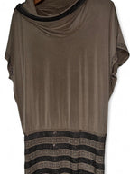 Brown cowl neck top with silver sparkle stripes and side zipper #glamtop #sparkle one size L 37 w23 sku 7018