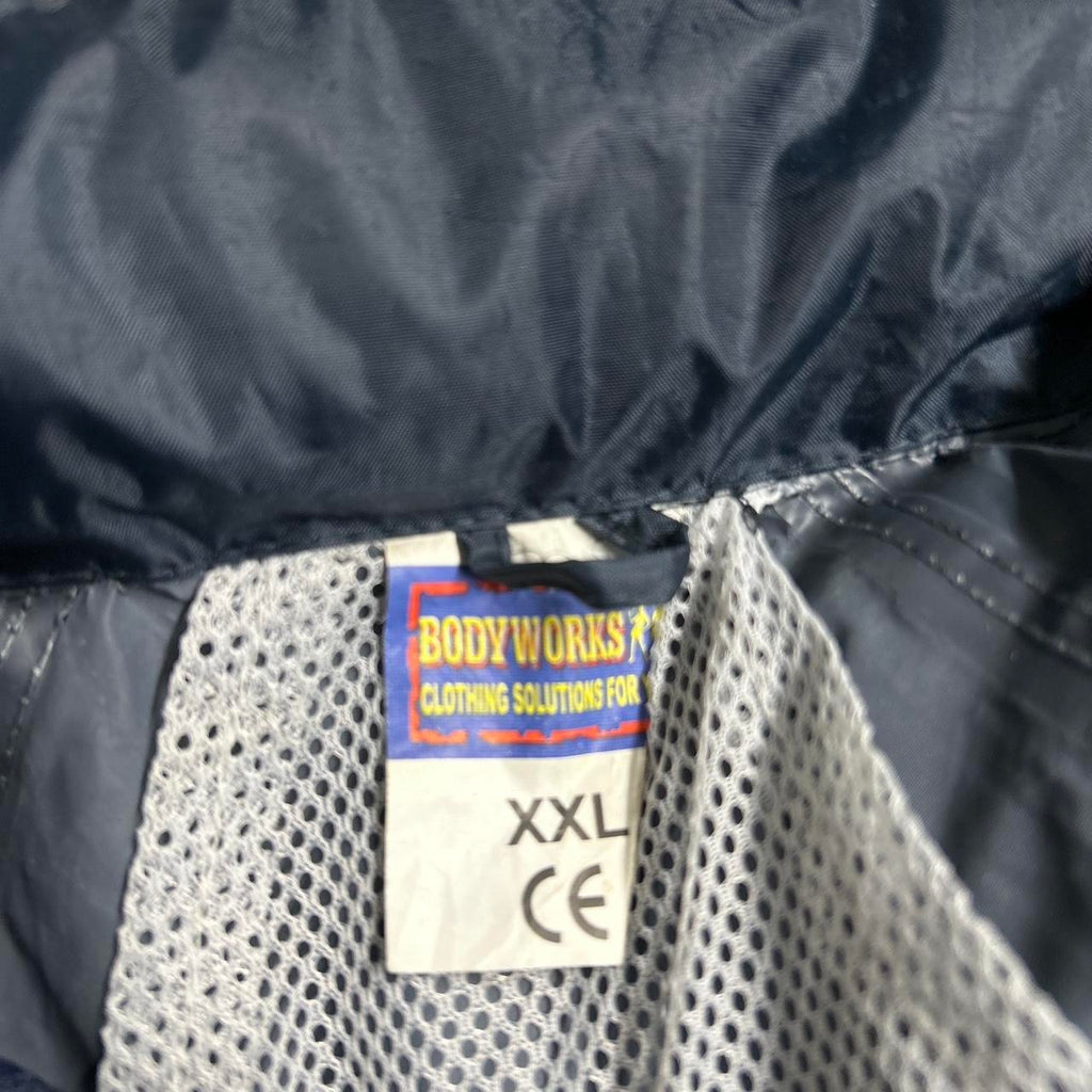 Navy blue Body Works waterproof windbreaker jacket with hidden hood zipped #retro L 36 W 27 SKU 6951