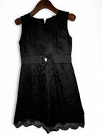 Black velvet dress with lace trim and a bow detail, featuring a zipper closure and a belt. #velvetdress #lacedetail size s/M  L 34 W 14.5 SKU 7020