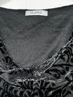 Black velvet M&S dress with draped cowl neckline, 3/4 length sleeves, and a 46 length #velvetdress #cowlneck w21 sku 7005