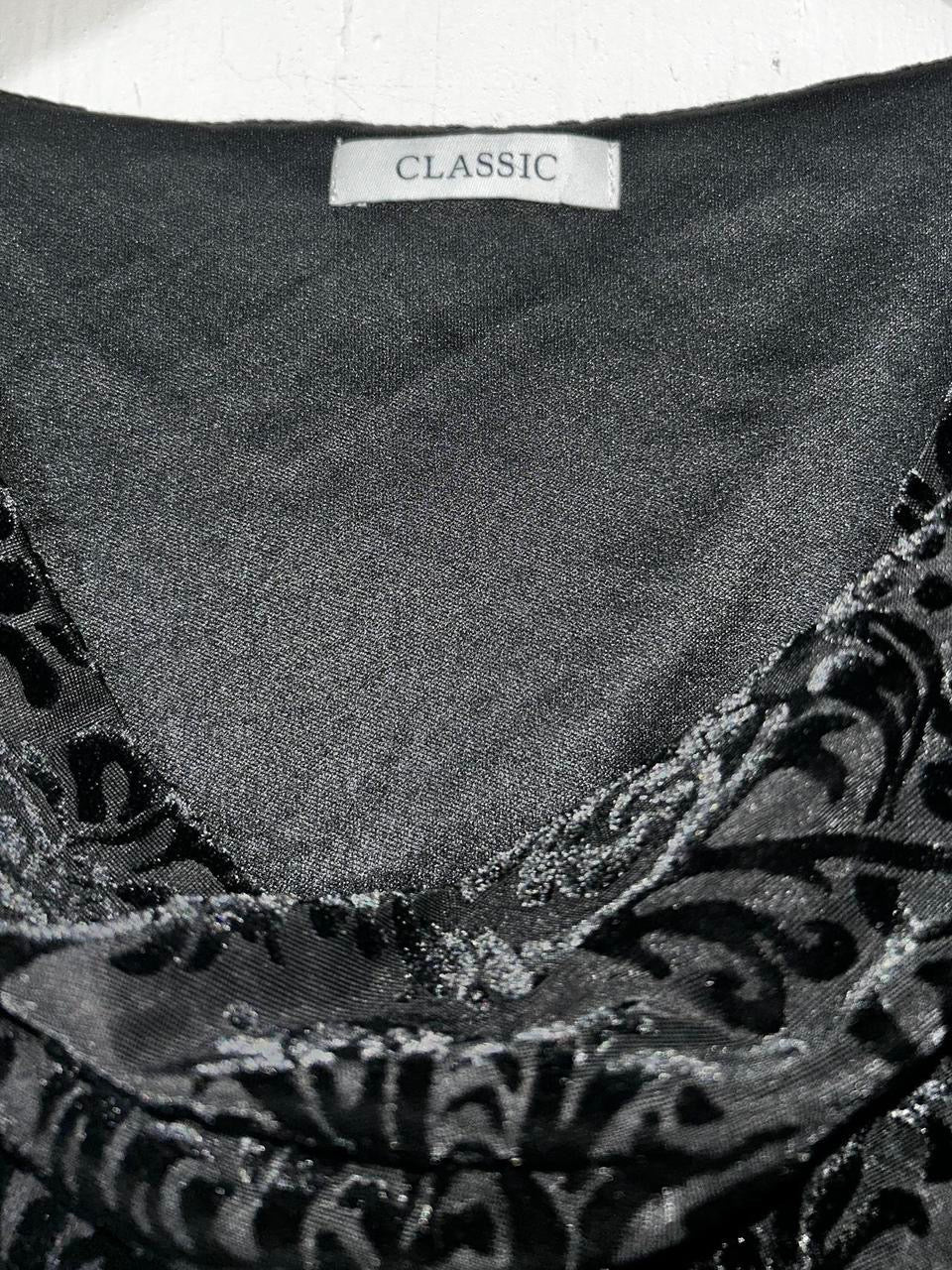 Black velvet M&S dress with draped cowl neckline, 3/4 length sleeves, and a 46 length #velvetdress #cowlneck w21 sku 7005