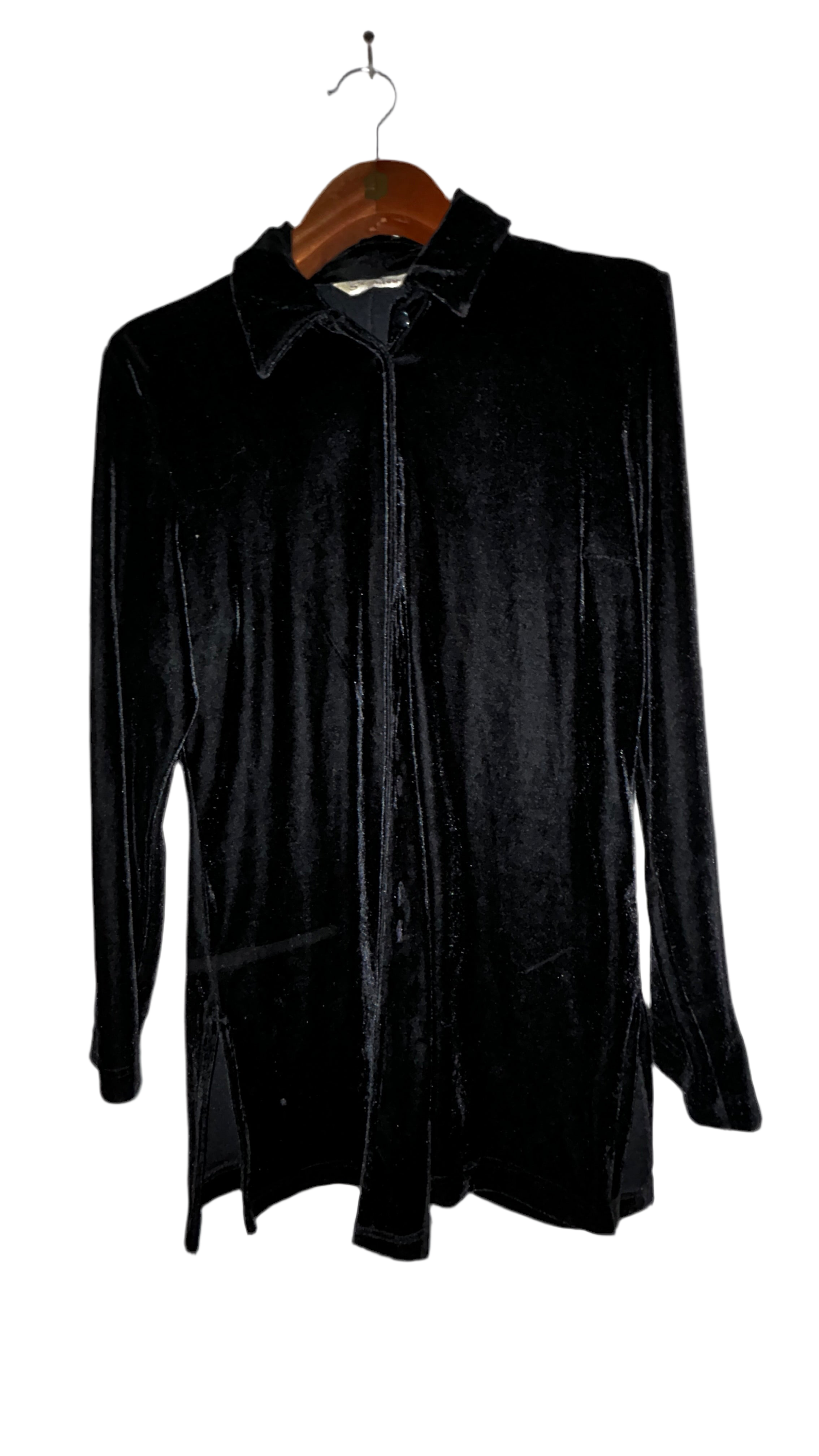 Black velvet long sleeve button-up shirt with a touch of elegance #gothic size M/L L 34 W 19 SKU 7019