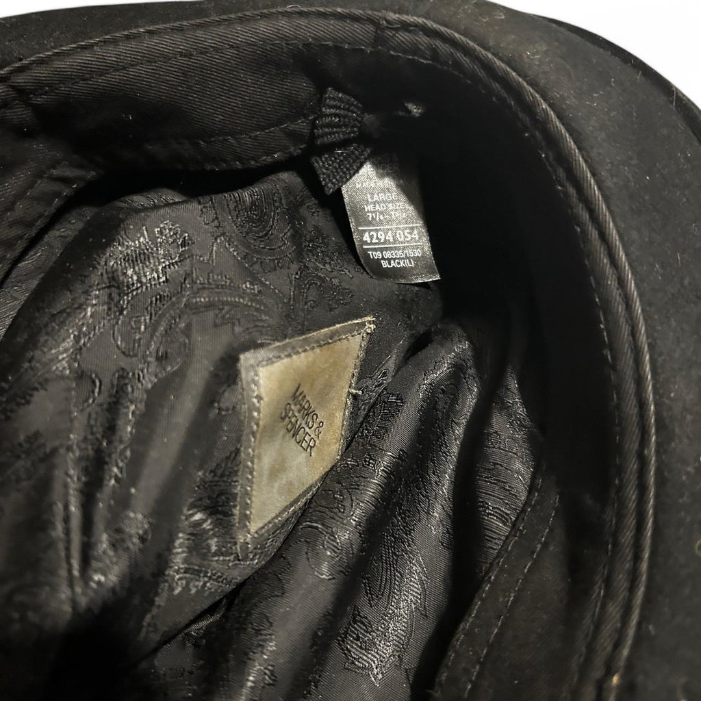 Black wool fedora hat with silk band mark and Spencer sku 6798