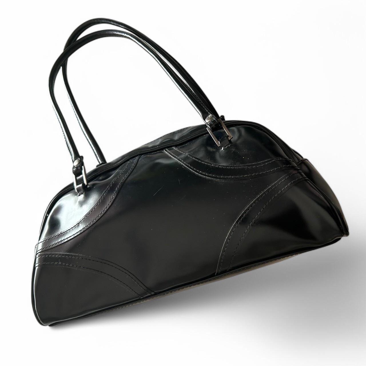 Women Black PVC Shoulder Bag With Unique Shape With Zipper Inner Pocket SKU 6866