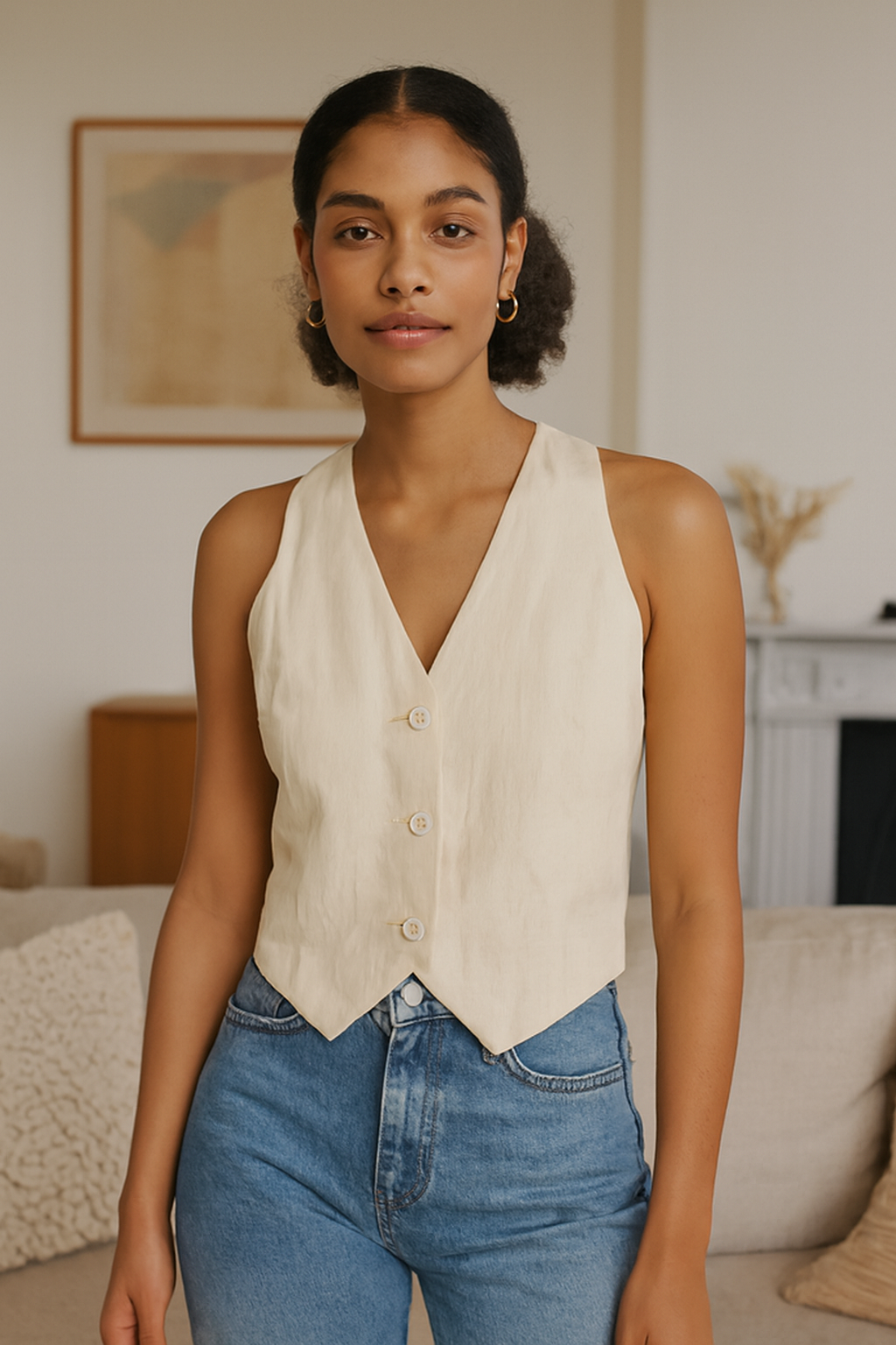 Vintage women cotton canvas V-neck button down beige waist coat UK10|L19 W19|SKU 6614