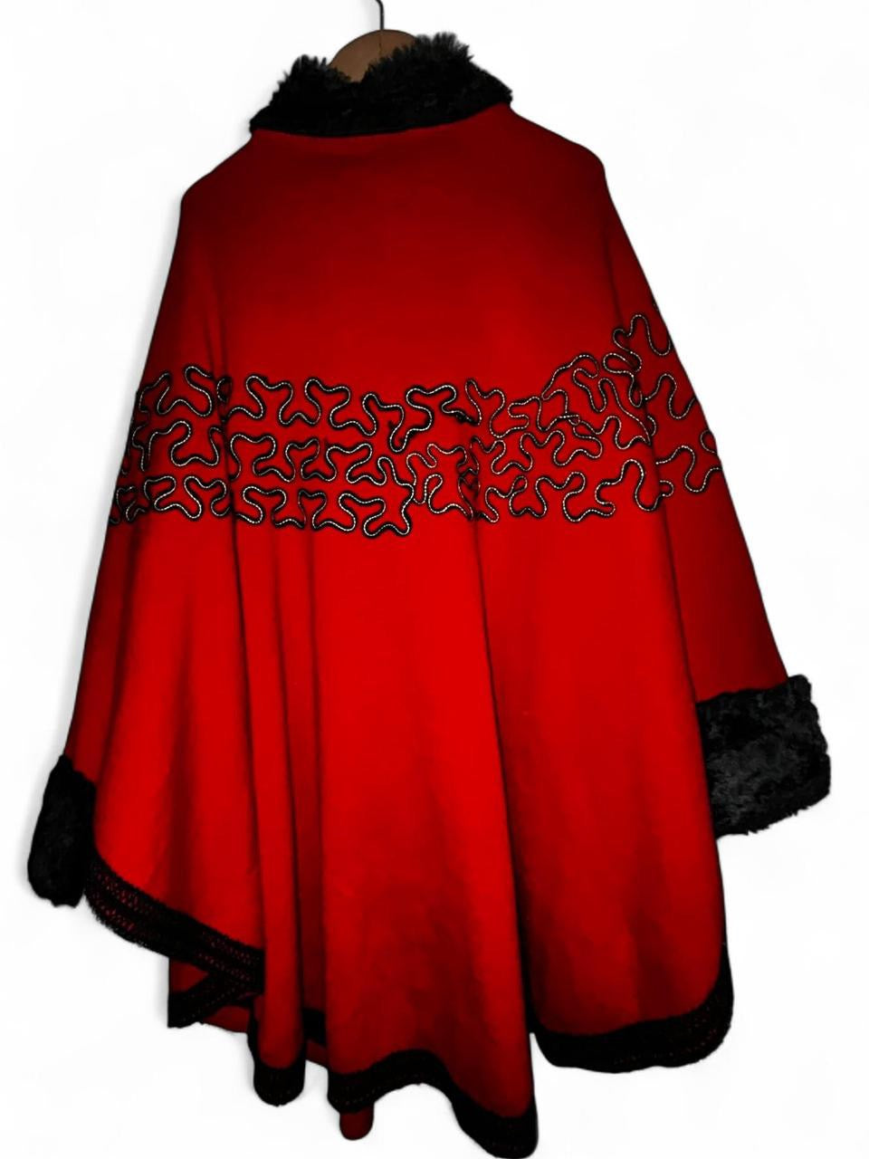 Women’s Red and black faux fur trim shawl with a boho vibe #festivalvibes collar to hem 43 pit to pit 60 SKU 7081