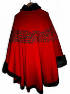 Women’s Red and black faux fur trim shawl with a boho vibe #festivalvibes collar to hem 43 pit to pit 60 SKU 7081