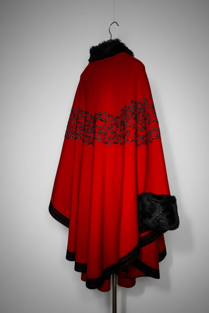 Women’s Red and black faux fur trim shawl with a boho vibe #festivalvibes collar to hem 43 pit to pit 60 SKU 7081