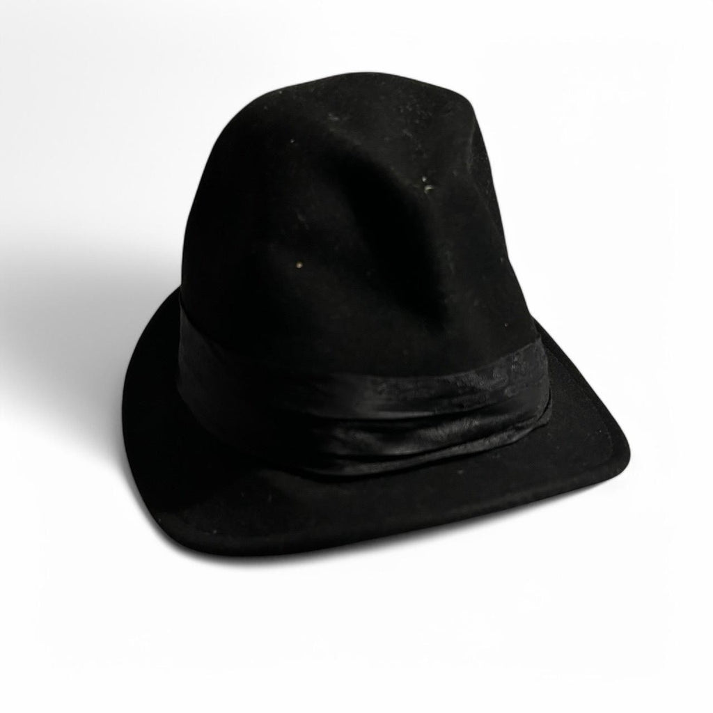 Black wool fedora hat with silk band mark and Spencer sku 6798