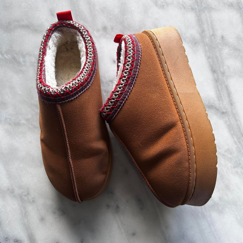 Tazmin Aztec Detail Faux Fur Lining Platform Slipper In Chestnut Faux Suede