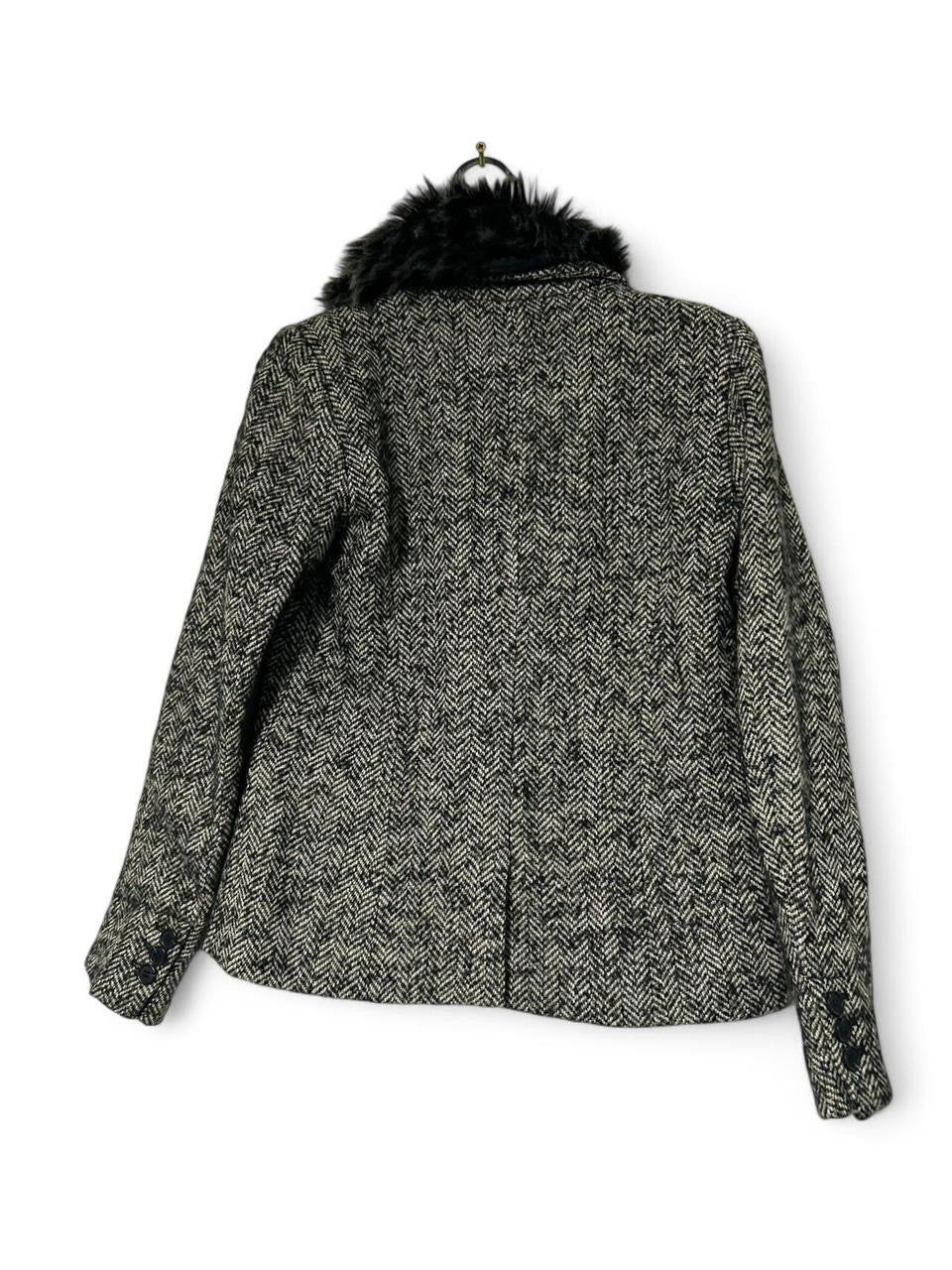 Paul Costelloe Womens Grey tweed button neck faux fur wool Blazer Size M L27W19 SKU 6947