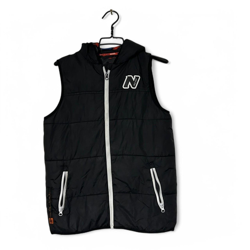 Women’s Small Black Nerf puffer vest with hood #pufferjacket L 24 W18 SKU 6886