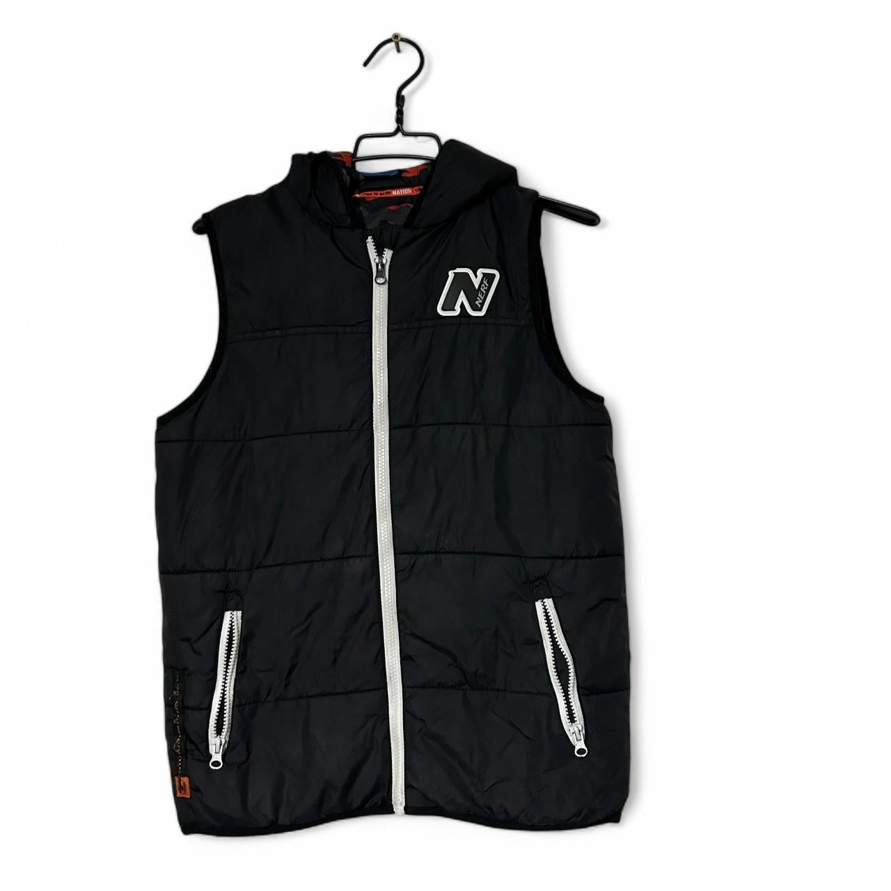 Women’s Small Black Nerf puffer vest with hood #pufferjacket L 24 W18 SKU 6886