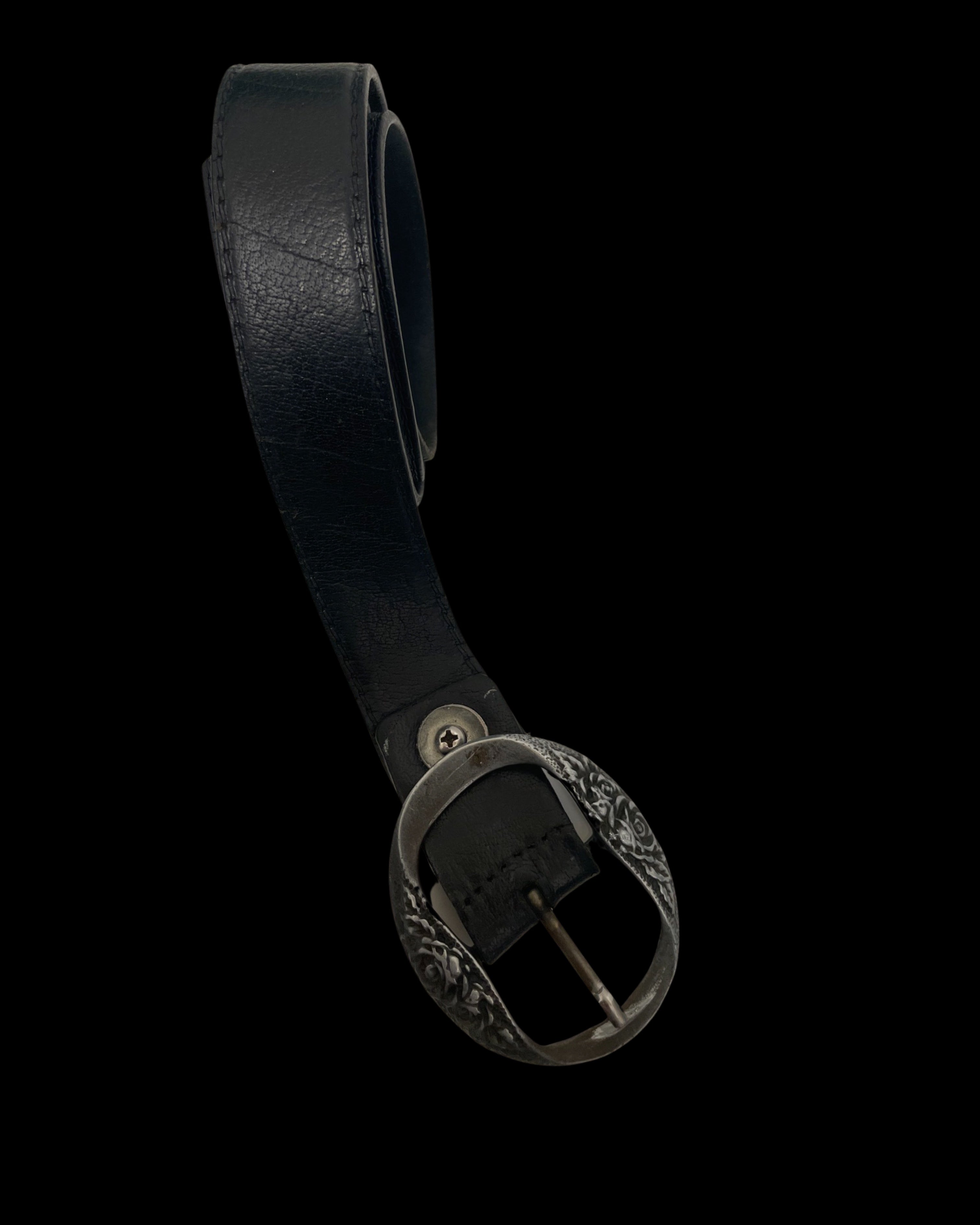 Vintage Flower Detail Western black leather Belt