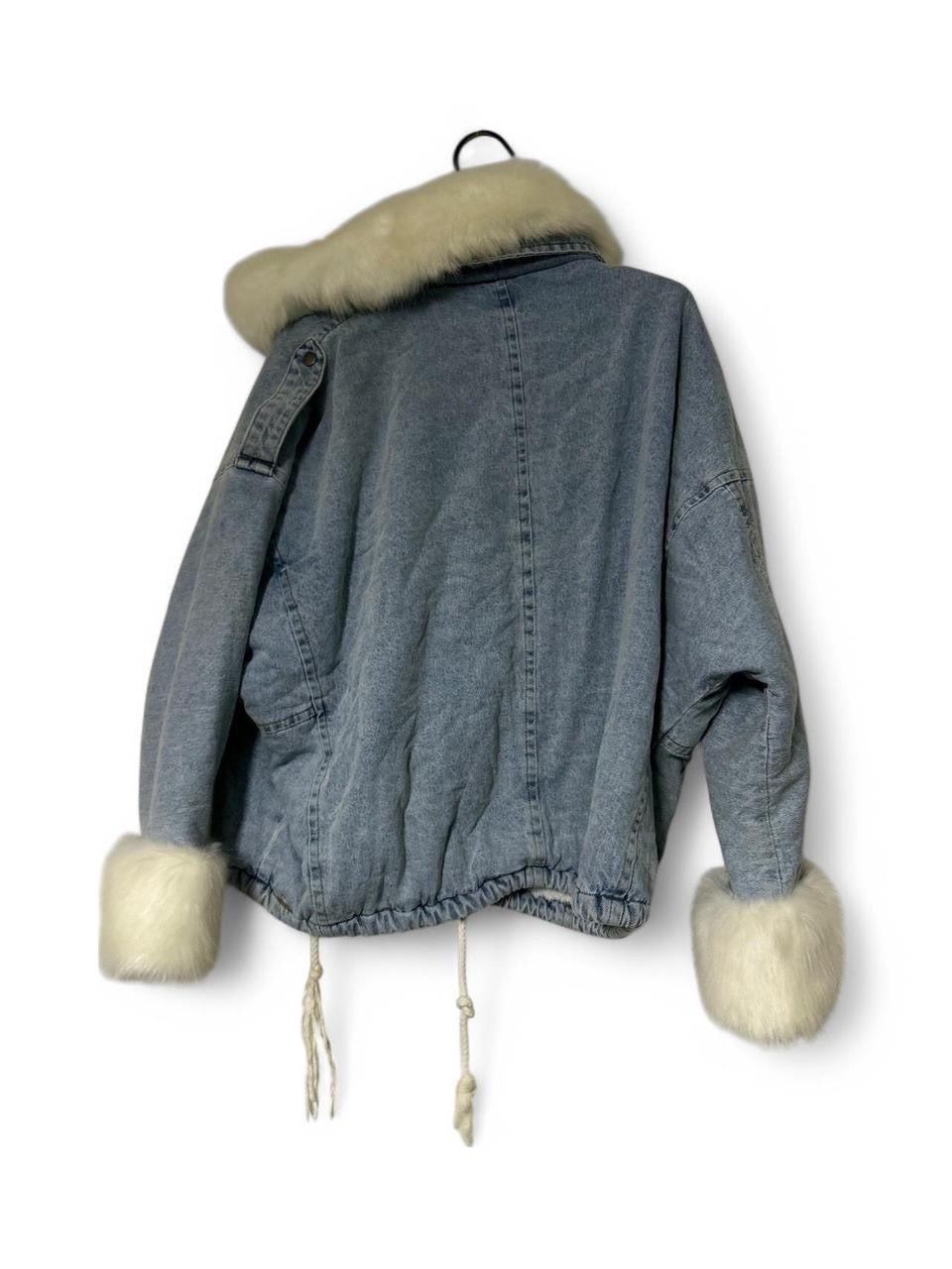 Uotta Lady Fleece Lined blue Denim white faux fur Thick Hooded winter Jacket L31W31 in M/L SKU 6945