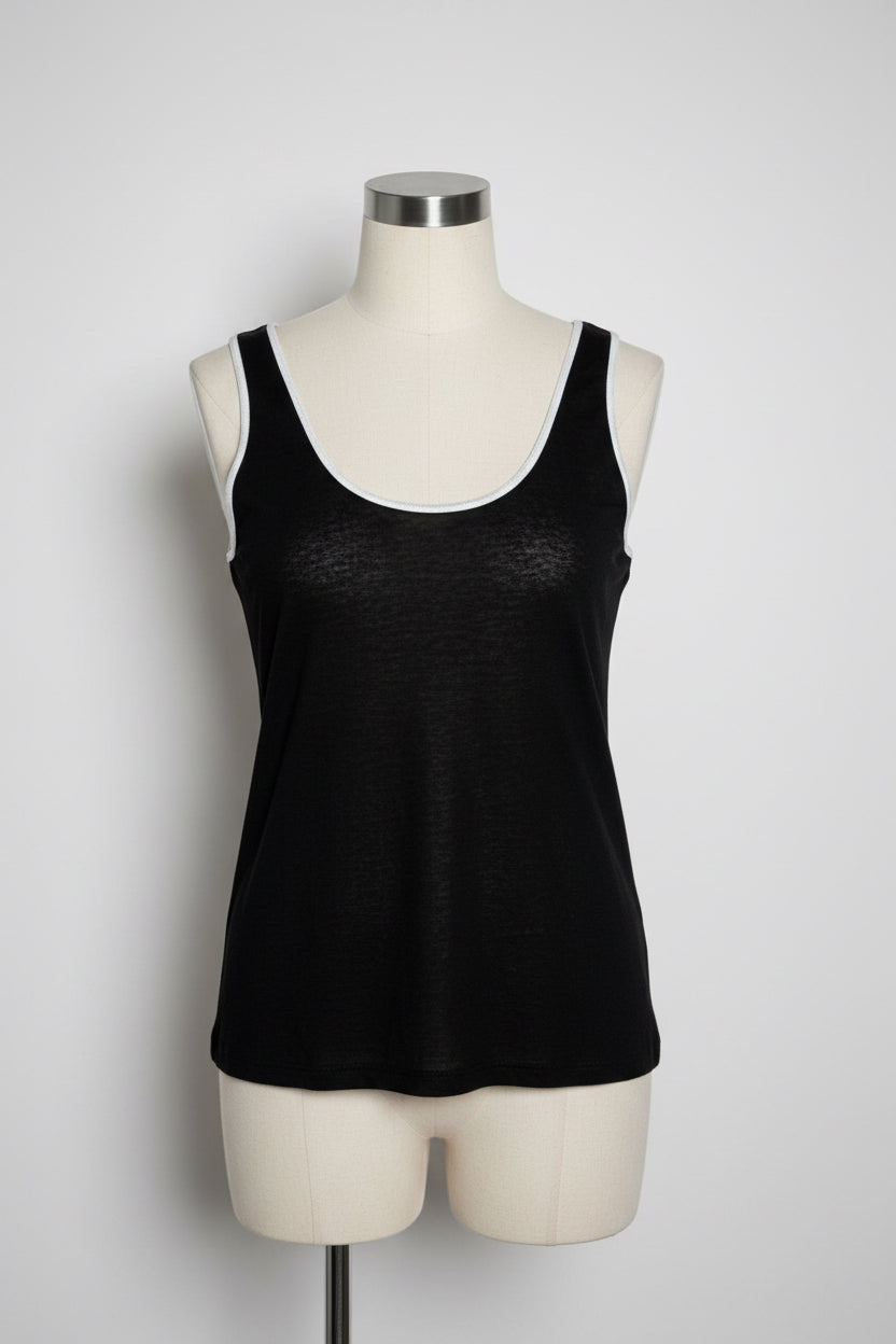 Black tank top with white trim #gothvibes #grungefashion collar to hem 24 pit to pit 15 sku 7066