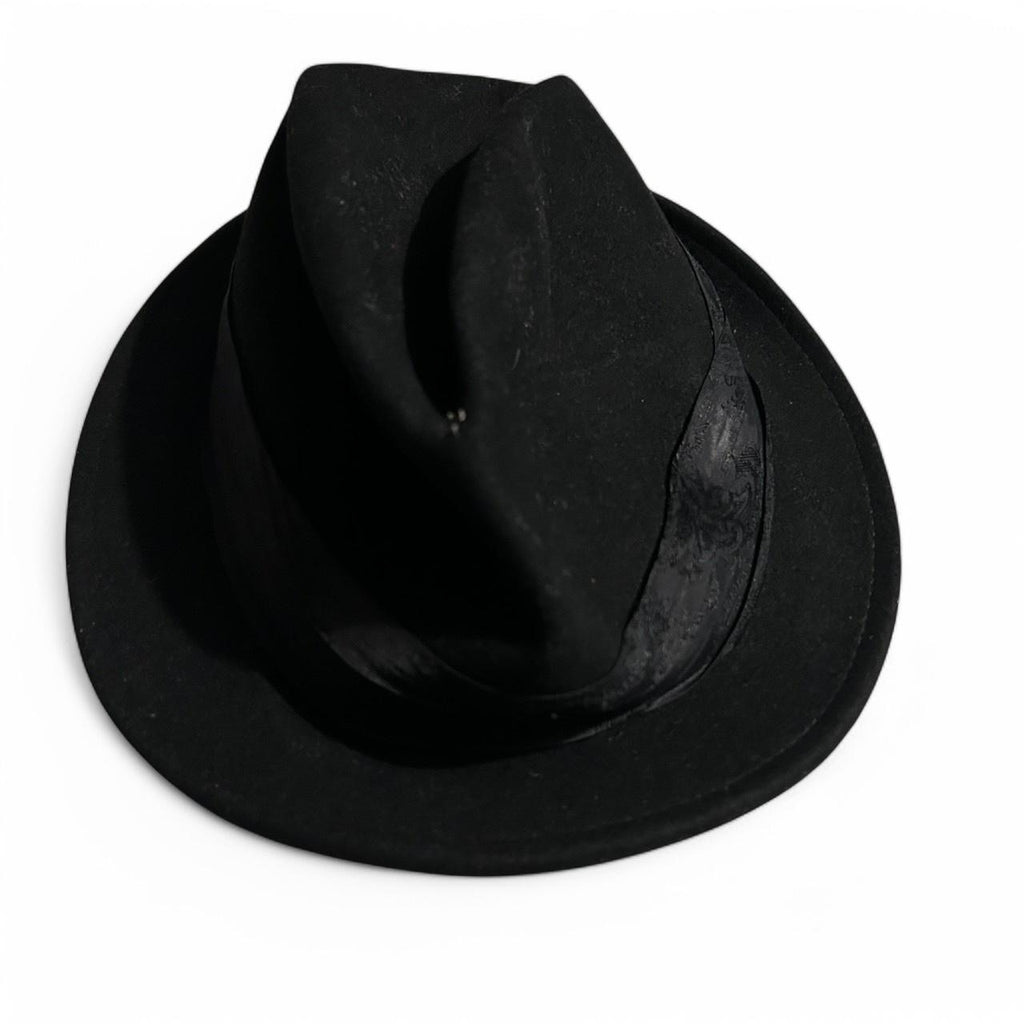 Black wool fedora hat with silk band mark and Spencer sku 6798