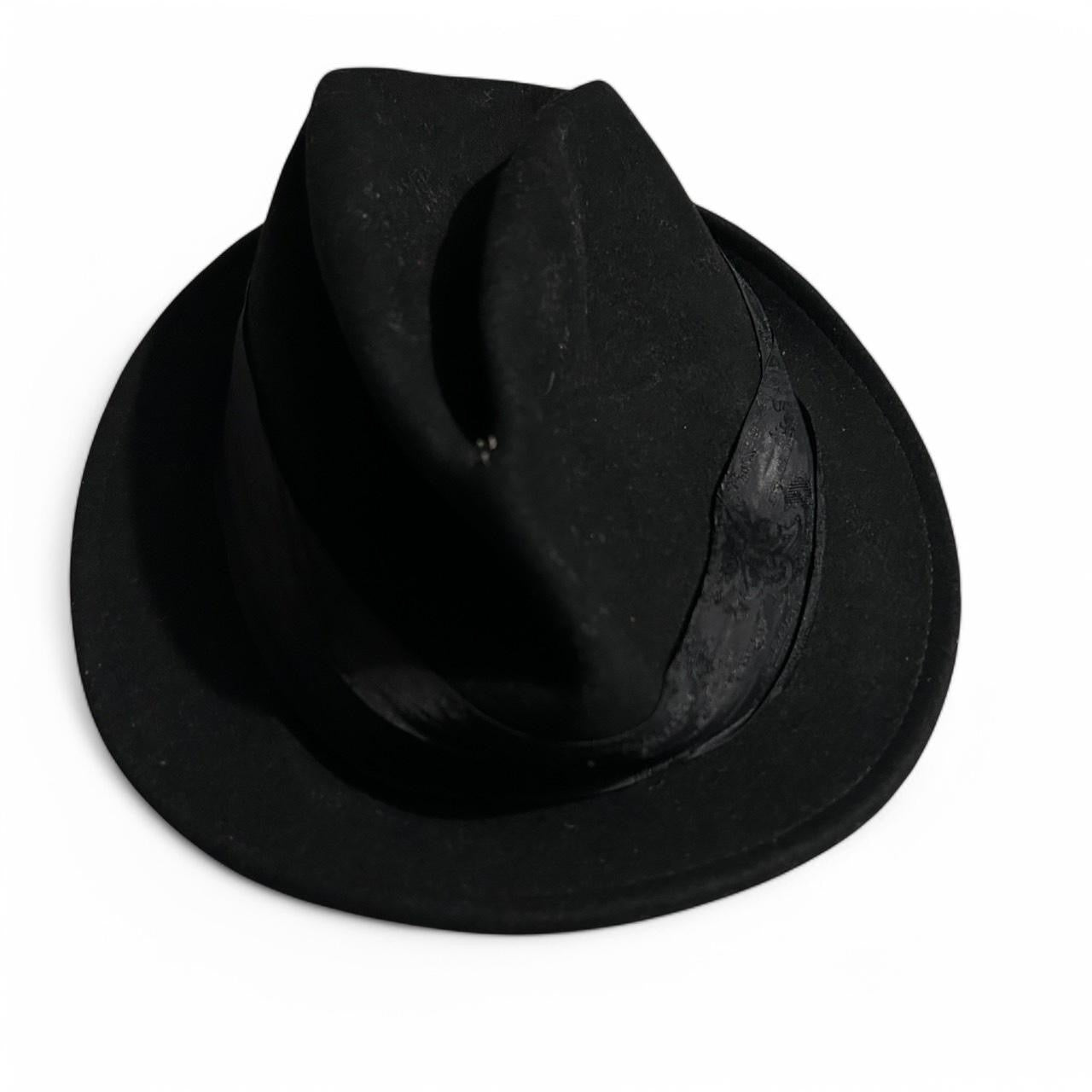 Black wool fedora hat with silk band mark and Spencer sku 6798