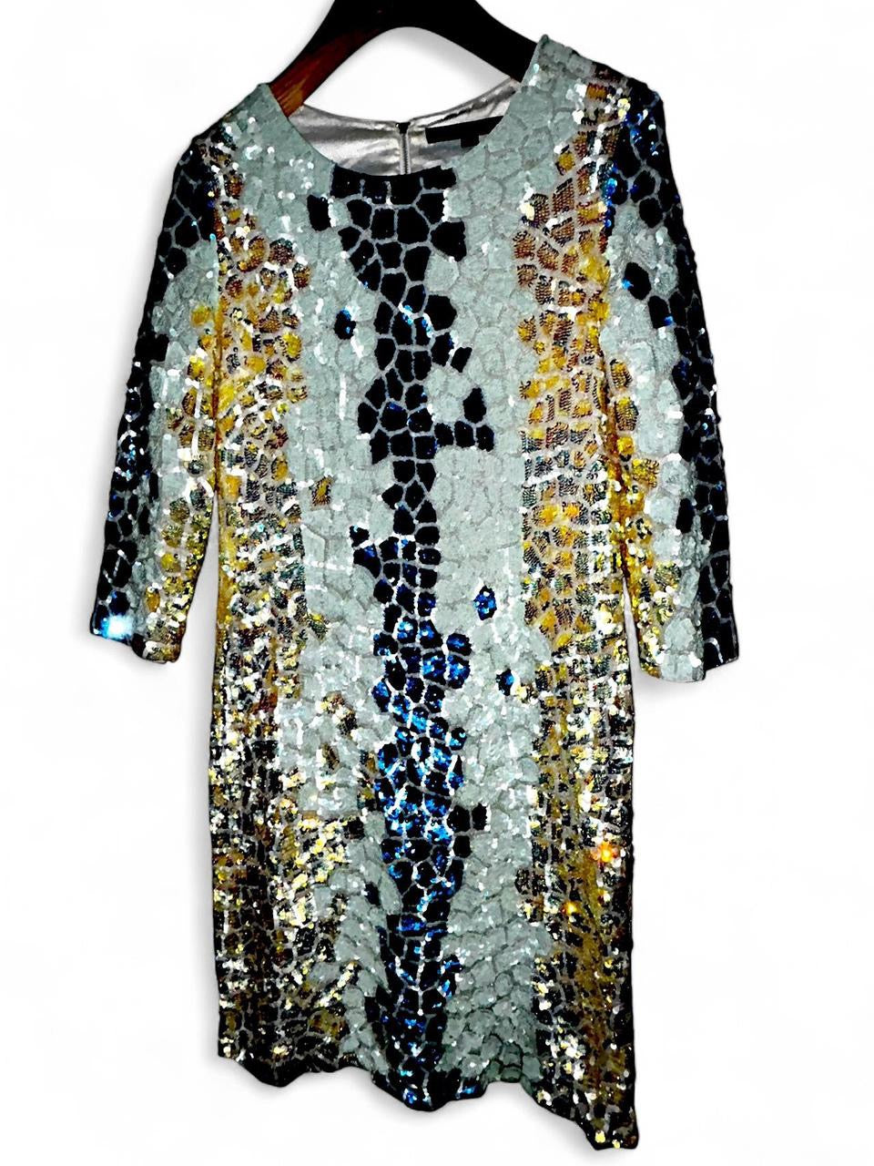French Connection Embellished Sequin Long Sleeved Mini Dress Gold Size 14 sku 7013