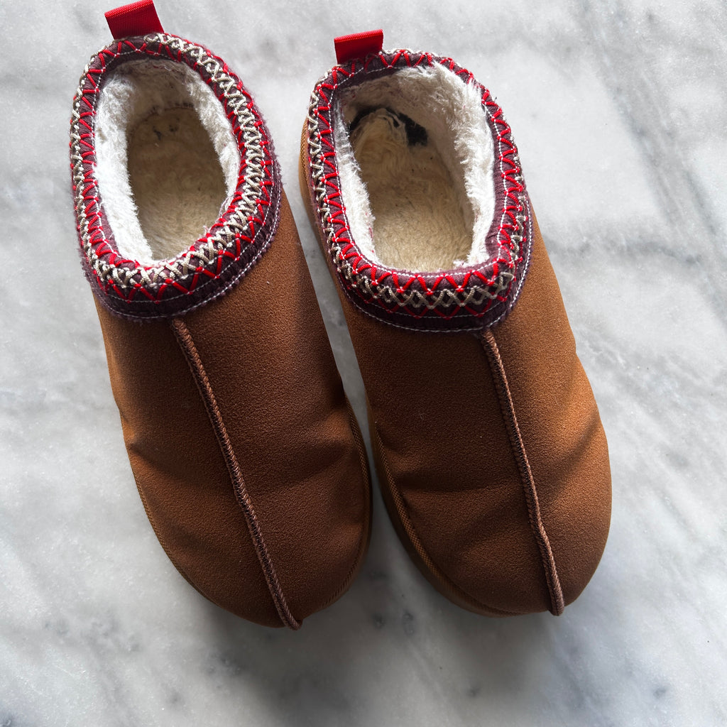 Tazmin Aztec Detail Faux Fur Lining Platform Slipper In Chestnut Faux Suede