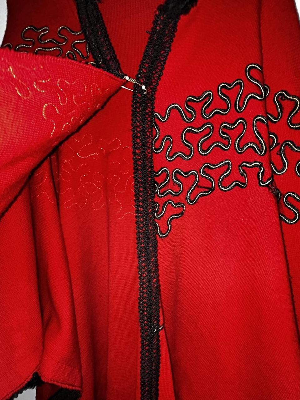 Women’s Red and black faux fur trim shawl with a boho vibe #festivalvibes collar to hem 43 pit to pit 60 SKU 7081
