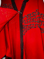 Women’s Red and black faux fur trim shawl with a boho vibe #festivalvibes collar to hem 43 pit to pit 60 SKU 7081