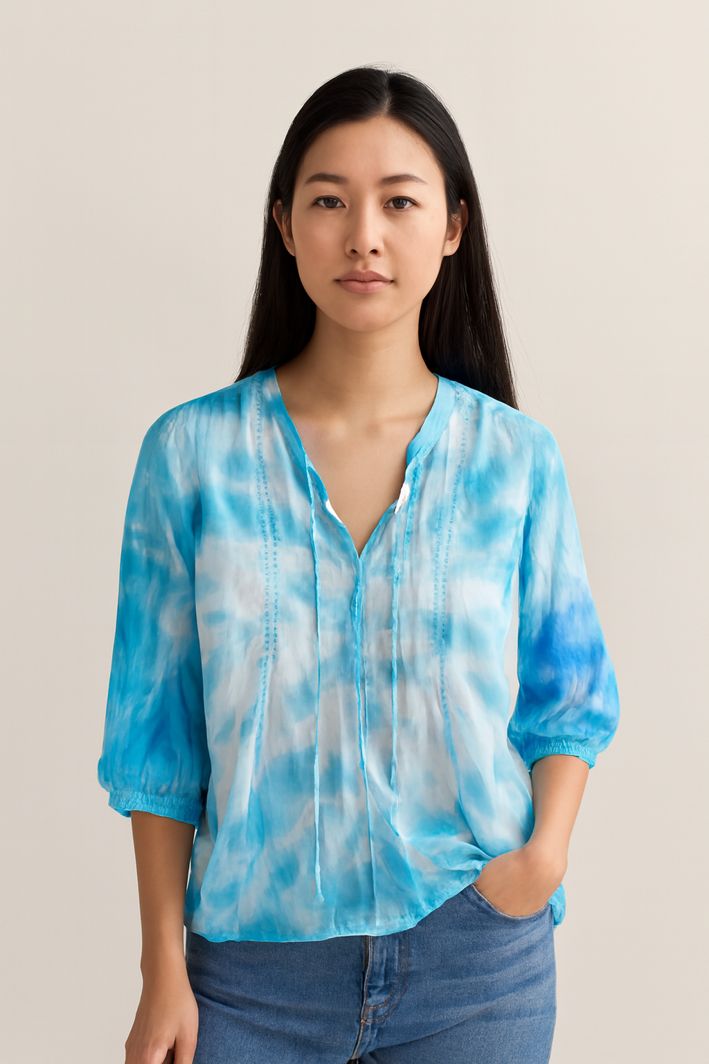 Vintage women Vero Moda blue tye dye print V-neck blouse in M|L24 W19|SKU 6615