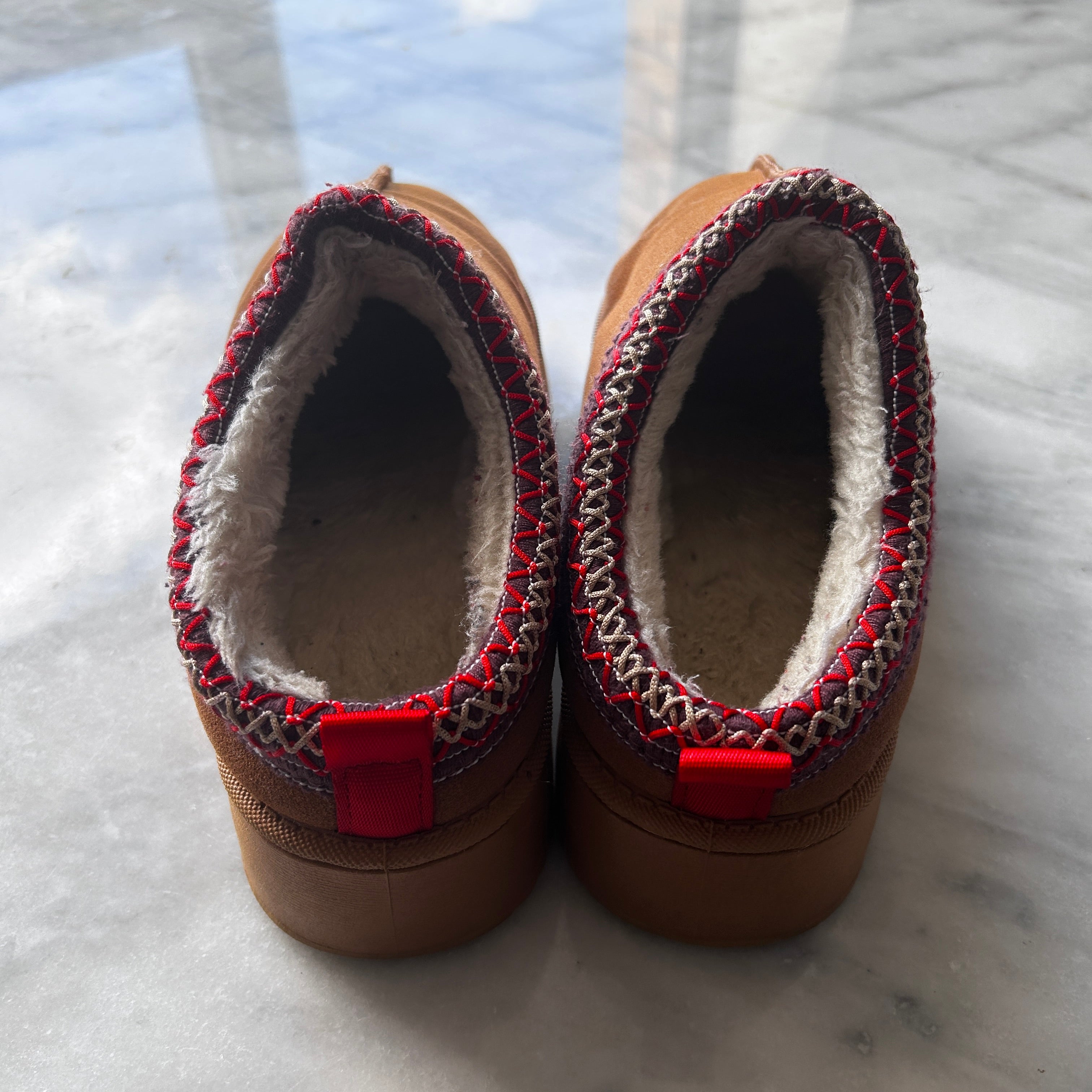 Tazmin Aztec Detail Faux Fur Lining Platform Slipper In Chestnut Faux Suede