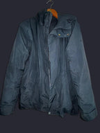 Elvine Navy nylon bomber jacket with removable hood thermal lining in size L collar to hem 33 pit to pit 23 sku 7053
