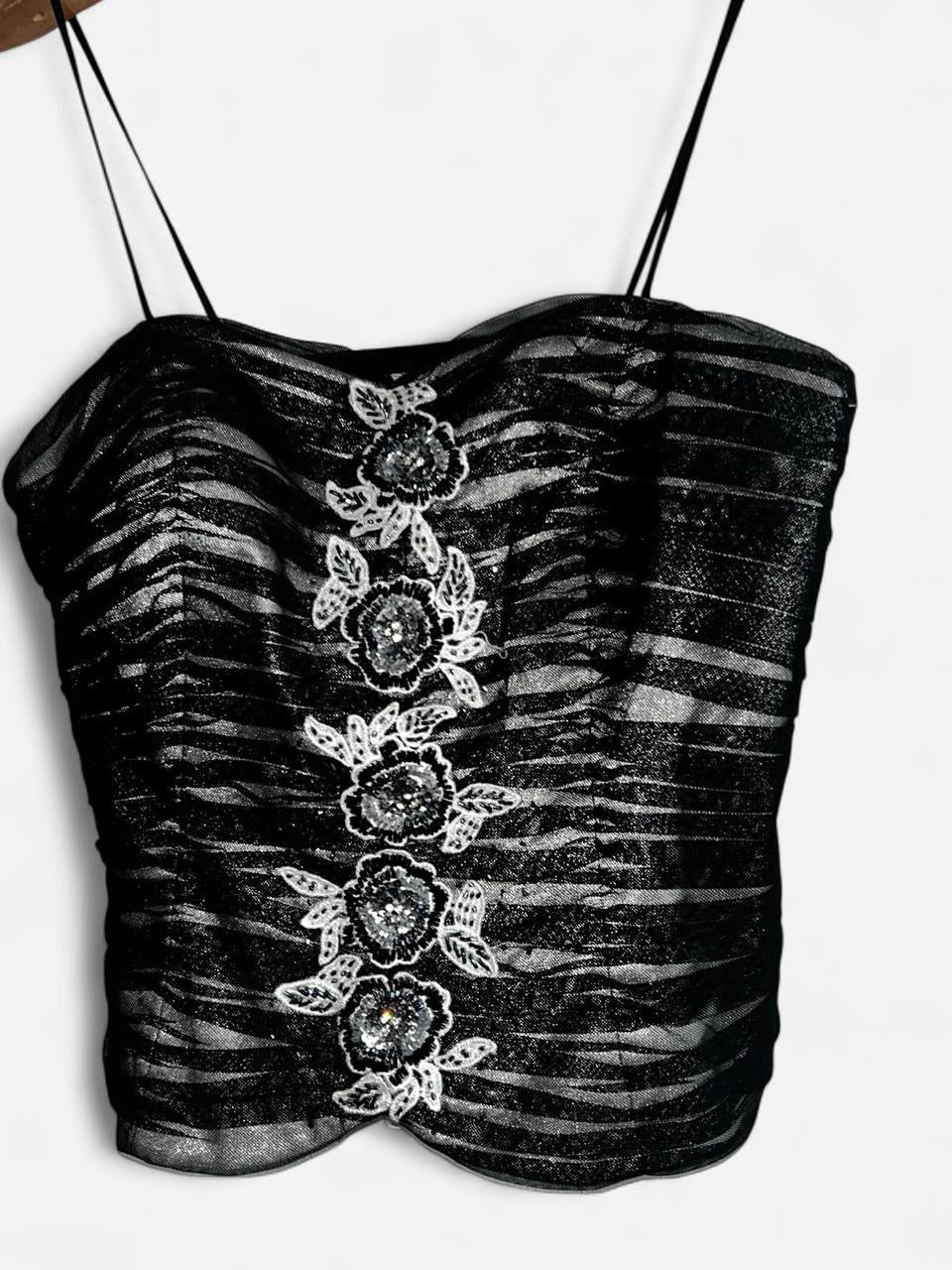 Women’s Arruba Black and silver strappy corset top with floral embroidery #gothicstyle #corsettop in size 12 collar to hem 17 pit to pit 13 SKU 7042