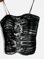 Women’s Arruba Black and silver strappy corset top with floral embroidery #gothicstyle #corsettop in size 12 collar to hem 17 pit to pit 13 SKU 7042