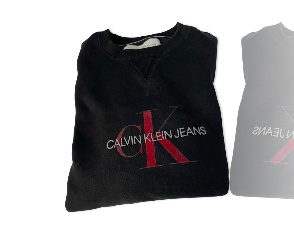 Vintage men's CALVIN KLEIN Jeans center logo black sweatshirt Size S oversize faded pullover|SKU 4243