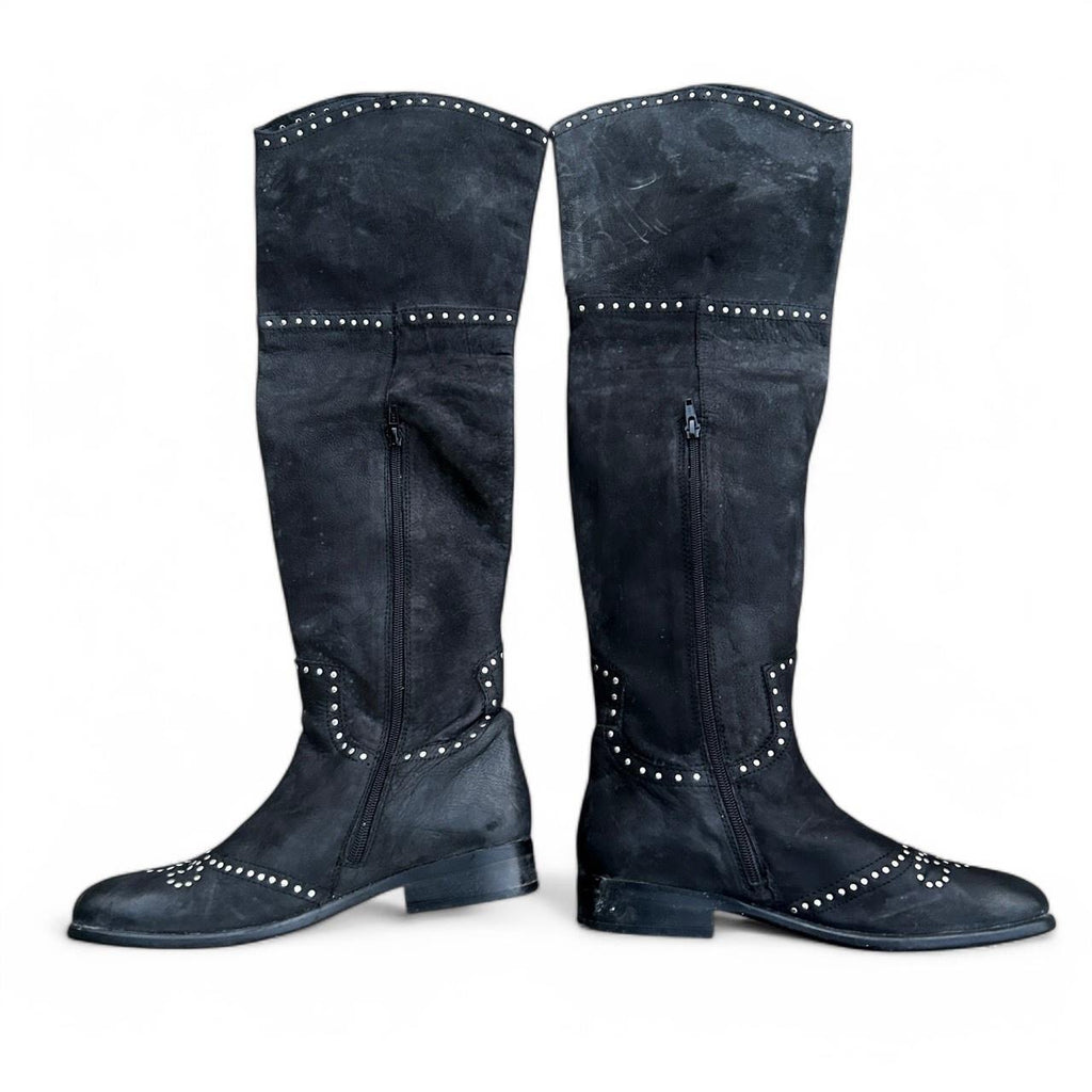 Women’s Black Leather Studded Over The Knee Moleskin Boots size Small 41/8 Sku 6773