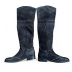 Women’s Black Leather Studded Over The Knee Moleskin Boots size Small 41/8 Sku 6773