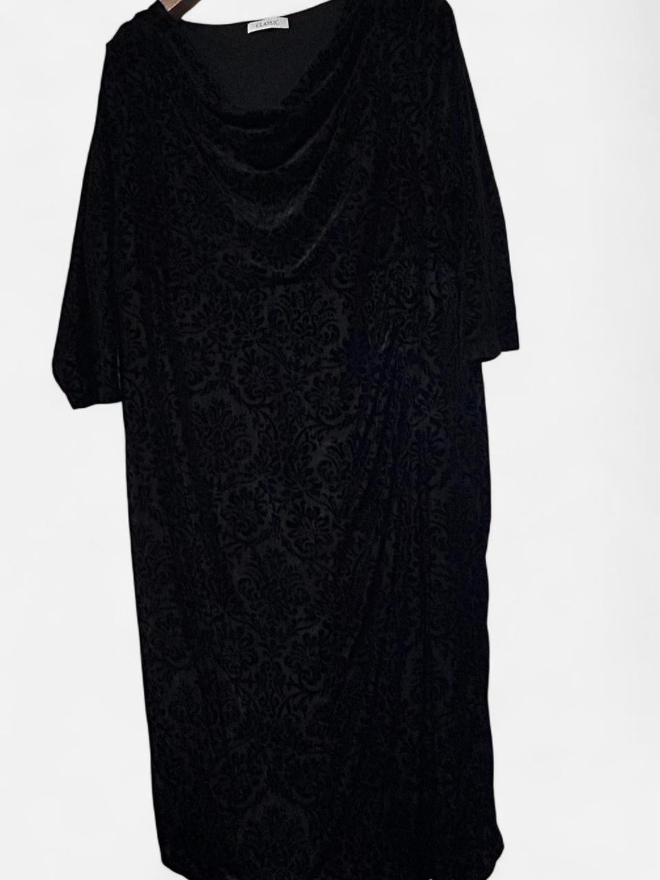 Black velvet M&S dress with draped cowl neckline, 3/4 length sleeves, and a 46 length #velvetdress #cowlneck w21 sku 7005