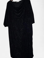 Black velvet M&S dress with draped cowl neckline, 3/4 length sleeves, and a 46 length #velvetdress #cowlneck w21 sku 7005