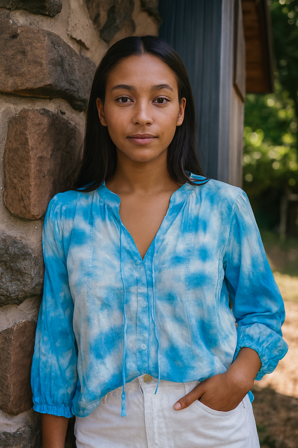 Vintage women Vero Moda blue tye dye print V-neck blouse in M|L24 W19|SKU 6615